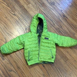 Reversible green Patagonia down puffer jacket.